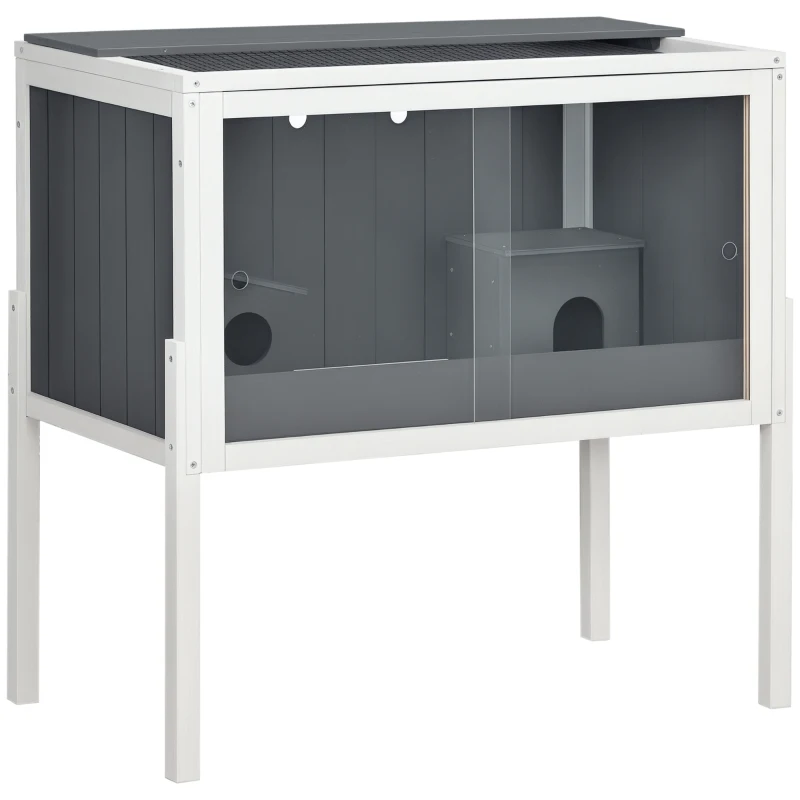 PawHut Jaula para Hámster de Madera con 2 Puertas de Acrílico 2 Casitas para Animales Pequeños 82x45x81 cm Gris Oscuro