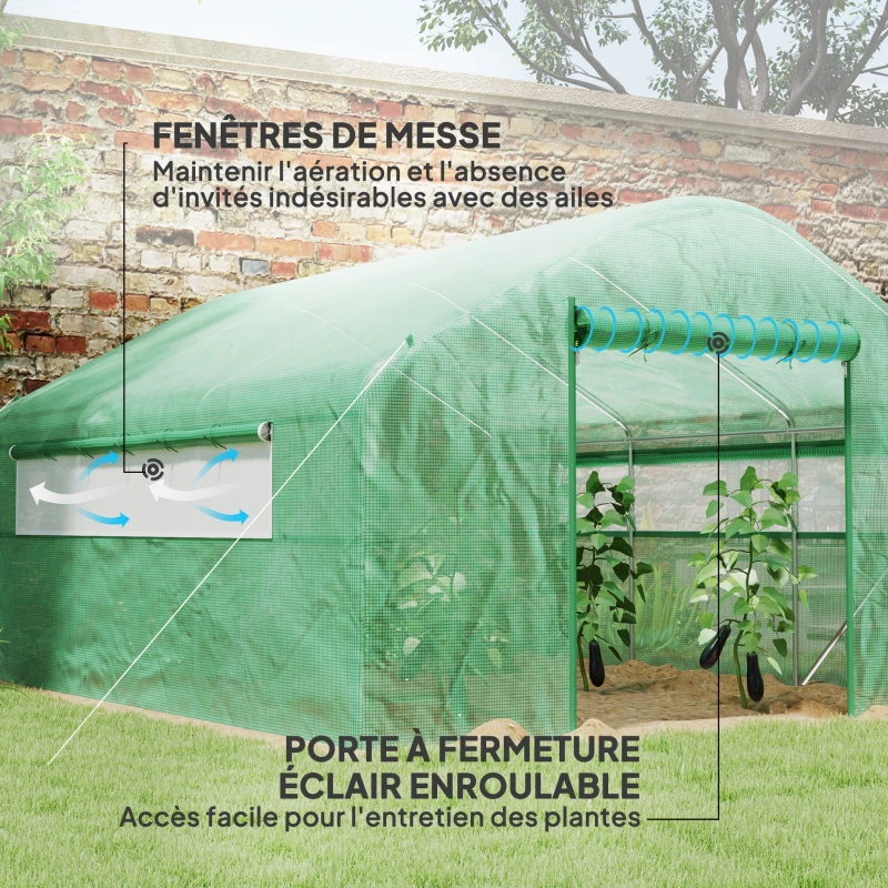 Outsunny Serre de jardin 4 x 3 x 2m avec portes enroulables et grandes fenêtres, serre tunnel de jardin, vert