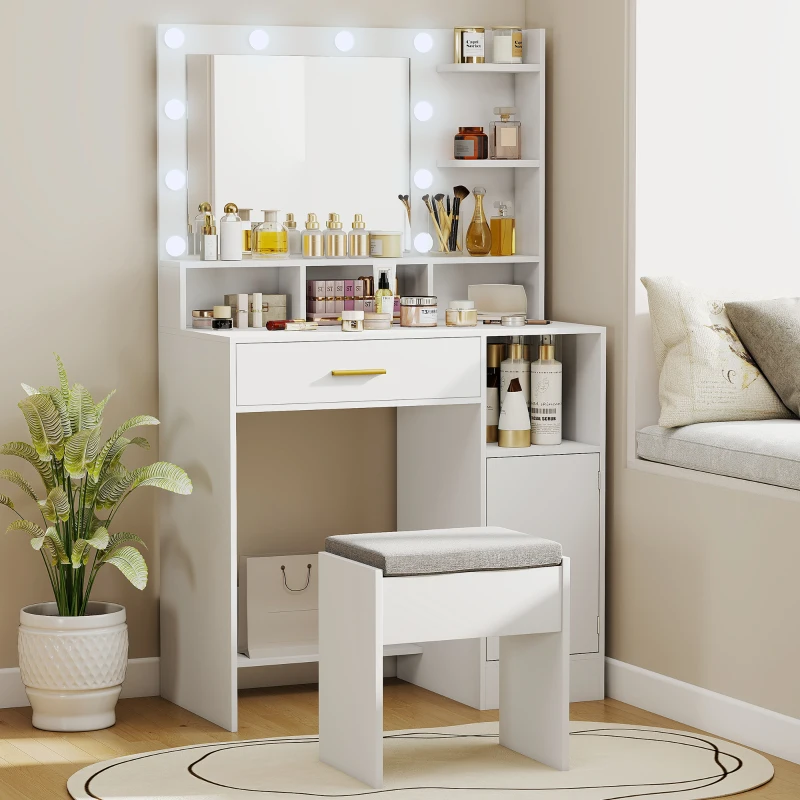 HOMCOM Coiffeuse avec miroir et 10 lumières LED, luminosité réglable, tiroir, placard et étagères ouvertes, 80x40x135cm, blanc