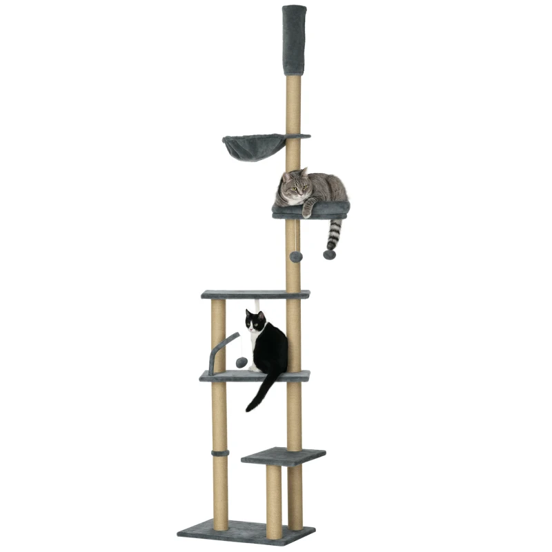 PawHut Arranhador para Gatos do Solo ao Teto de 230-250 cm  com Altura Ajustável Múltiplas Plataformas Rede Bolas Suspensas Cinza