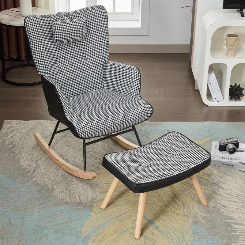 Fabric Rocking Chair with Solid Wood Legs, High Back Recliner with Footstool and Neck Pillow, 85L x 65W x 96H cm, White+Black