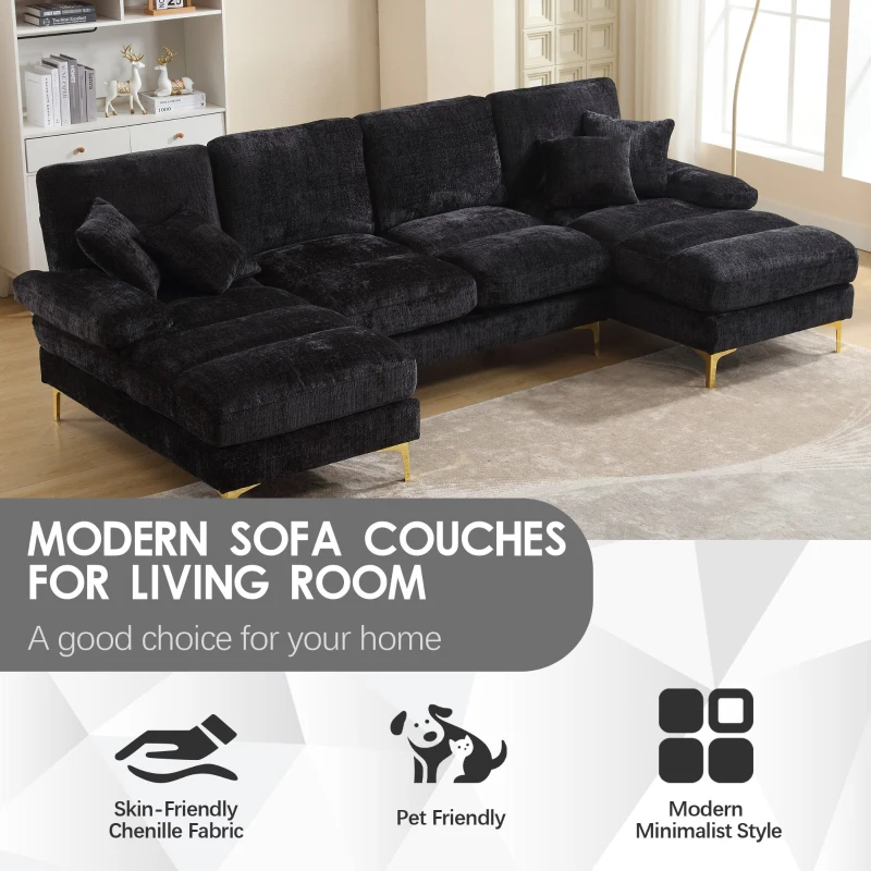 U-Shaped Modular Sofa with Pillows, Double Chaise, Rubber Pads, Chenille Fabric Sectional Couch for Living Room, 272L x 136W x 88H cm, Black
