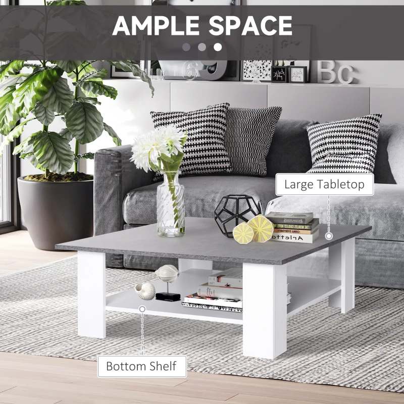 HOMCOM Square Coffee Table, 2 Tier Centre Table with Storage Shelf, Vintage Living Room Table, Cement Colour