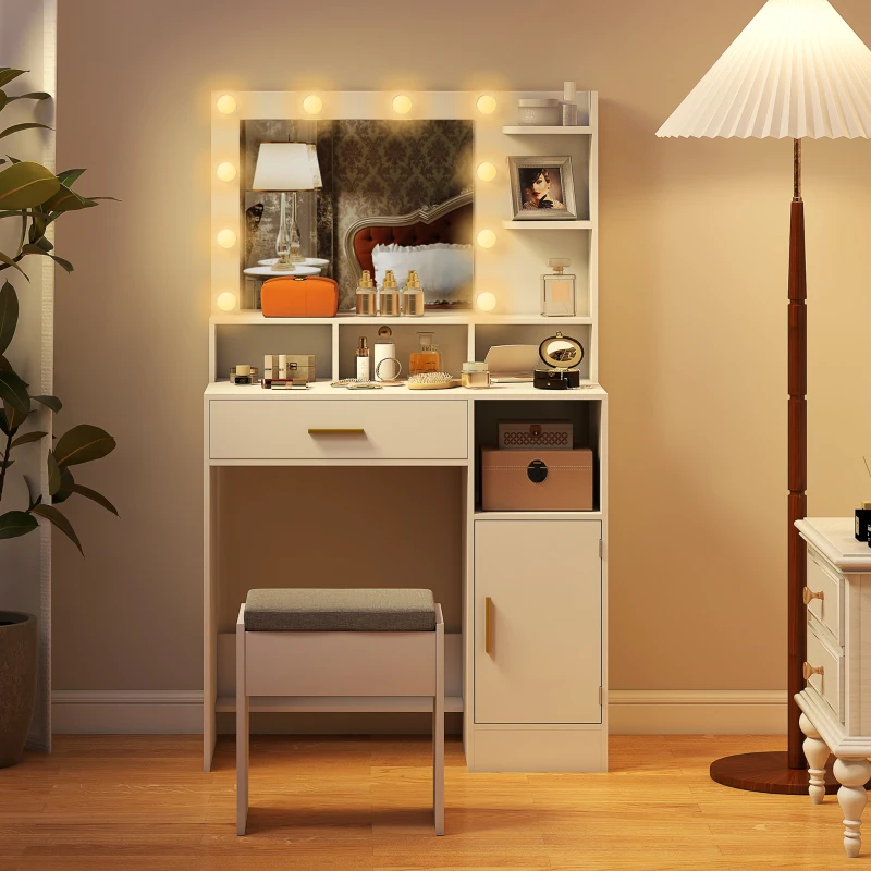HOMCOM Coiffeuse avec miroir et 10 lumières LED, luminosité réglable, tiroir, placard et étagères ouvertes, 80x40x135cm, blanc