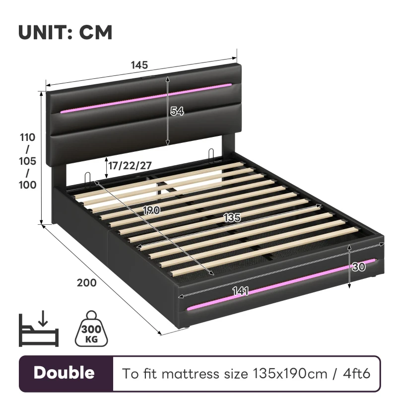 Double Upholstered Bed Frame with Hydraulic Storage, LED Adjustable Headboard with USB Ports, 200L x 145W x 110H cm, Black