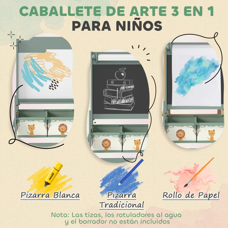 AIYAPLAY Pizarra Infantil Caballete 3 en 1 Caballete de Pintura para Niños de Doble Cara con Rollo de Papel y Cestas Verde