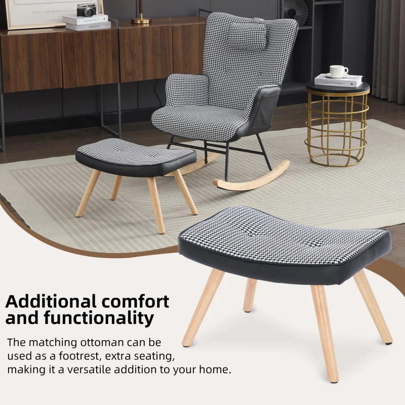 Fabric Rocking Chair with Solid Wood Legs, High Back Recliner with Footstool and Neck Pillow, 85L x 65W x 96H cm, White+Black