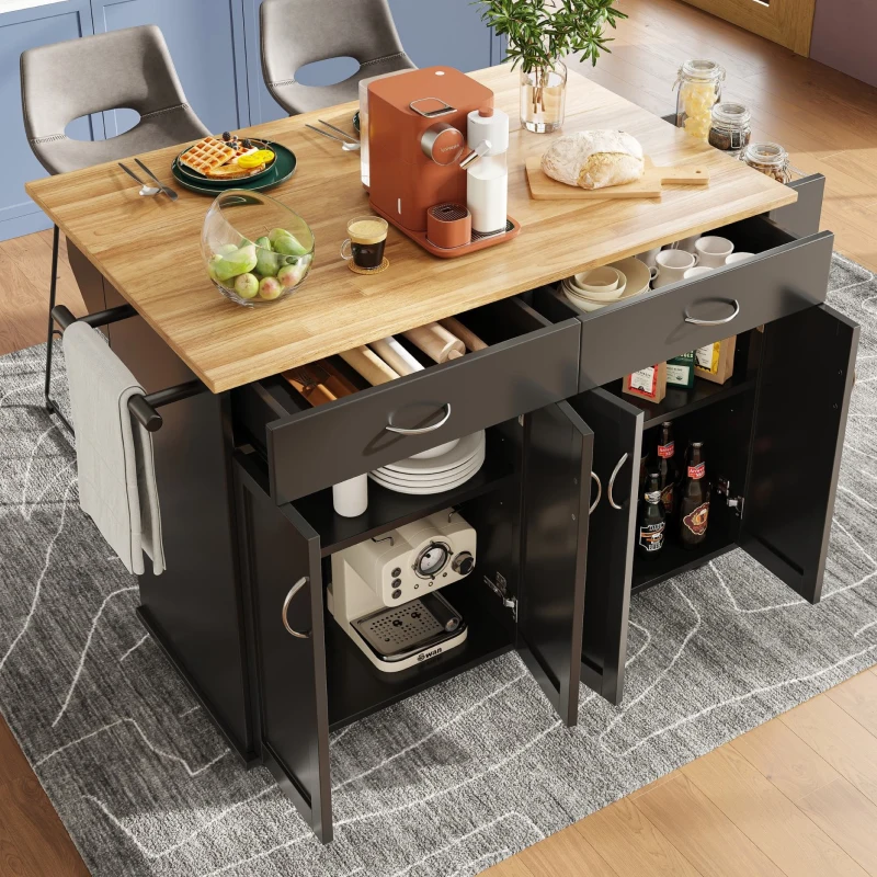 Rolling Kitchen Island Trolley with Adjustable Shelf, Large Cabinet and Drawers, Spice and Towel Rack, 128L x 50W x 90.5H cm, Black