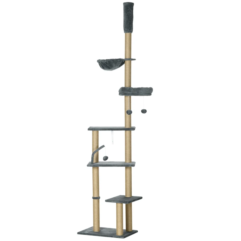 PawHut Árbol para Gatos de Suelo a Techo de 230-250 cm con Altura Ajustable Múltiples Plataformas Cestos Hamaca Bolas Gris