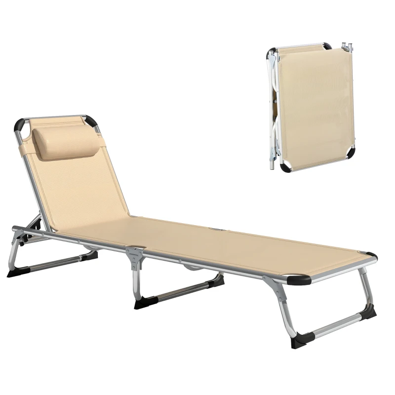 Outsunny Bain de soleil, chaise longue pliante avec appuie-tête, dossier inclinable, aluminium et textilène, beige
