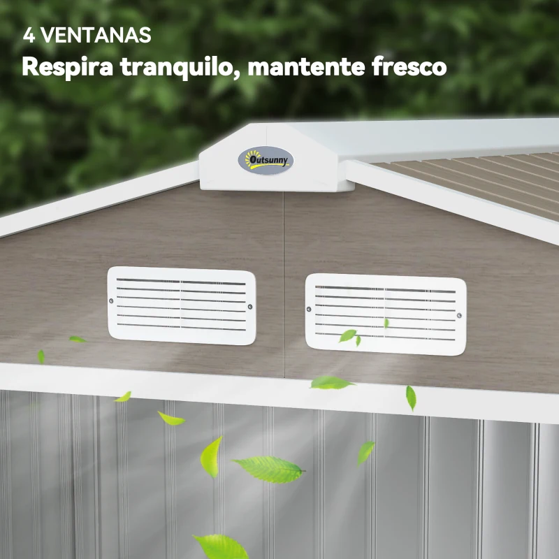 Outsunny Cobertizo de Jardín 2,42 m² 213x130x185 cm con 2 Puertas Corredizas Techo Inclinado y 4 Ventanas Efecto Madera