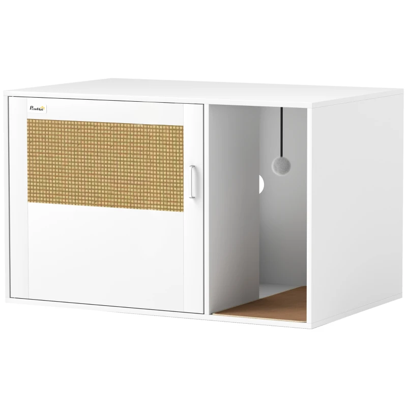 PawHut Maison de toilette chat meuble litière pour chat tapis griffoir porte avec poignées style bohème 80 x 50 x 50 cm blanc