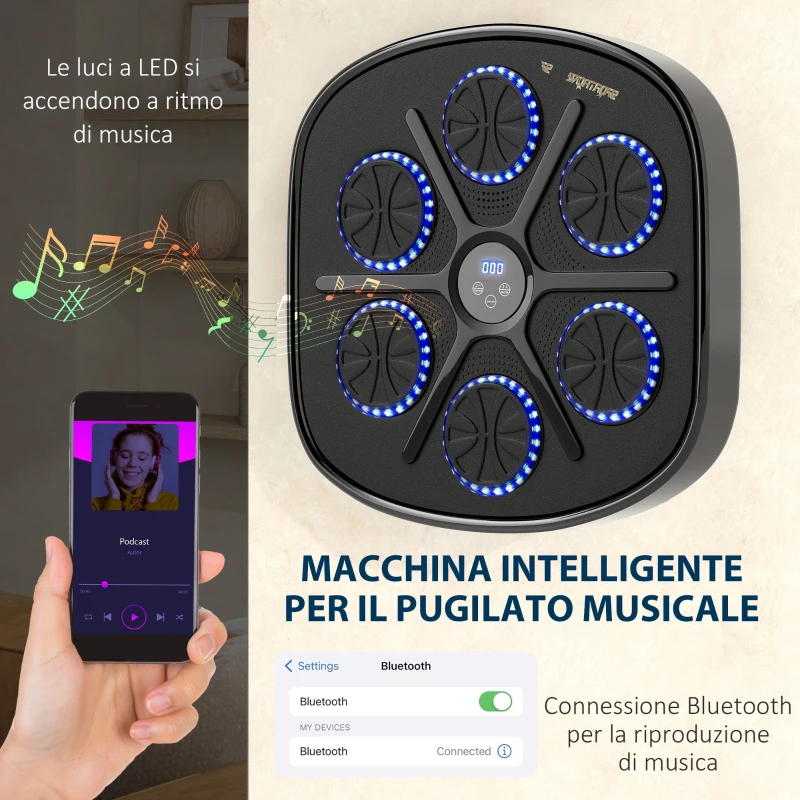 SPORTNOW Boxing Machine Musicale a Parete con 9 Velocità, Connessione Bluetooth e Guanti, 41.8x44.6x7.5 cm, Nero e Blu