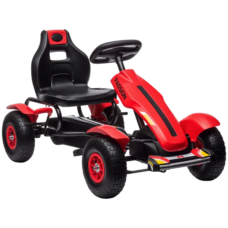 HOMCOM Go Kart a Pedali per Bambini 5-12 Anni con Sedile Regolabile e Freno a Mano, 121x58x61 cm, Rosso
