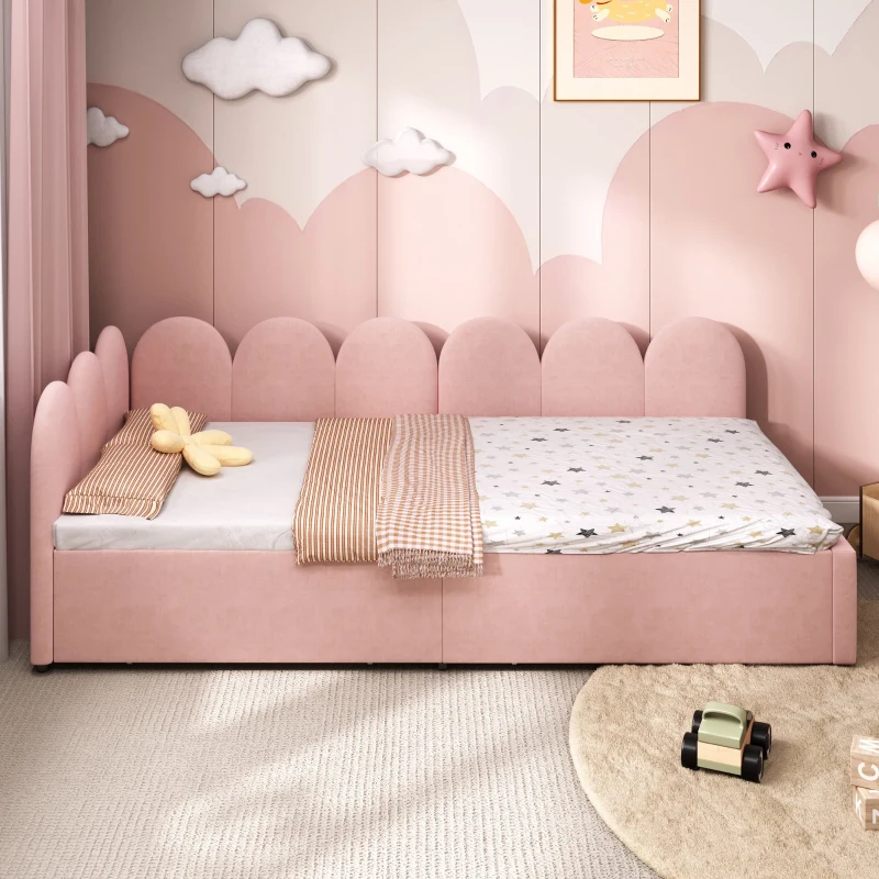 Single Velvet Daybed with Two Storage Drawers, Modern Youth Bed Frame with Wooden Slats, Easy Assembly, 202L x 97W x 73H cm, Pink