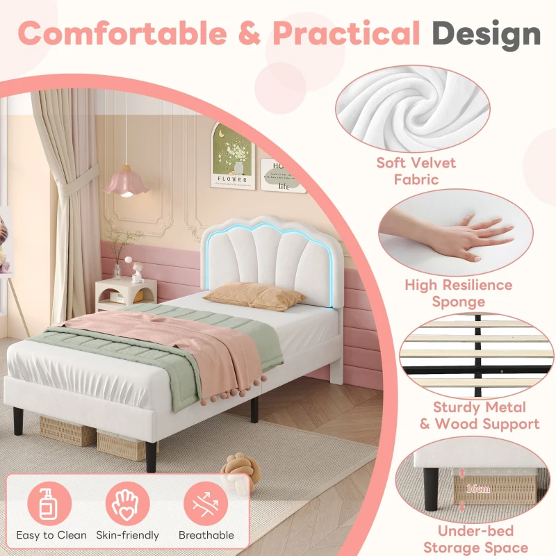 Single Upholstered Bed Frame with Adjustable Shell Headboard and RGB LED, Velvet Fabric and Solid Wood Slat, 194L x 94W x 111H cm, White
