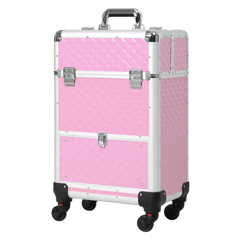 HOMCOM Maletín de Maquillaje Profesional con Cajón Maleta de Maquillaje con Ruedas para Viaje Trabajo 34x25x62 cm Rosa