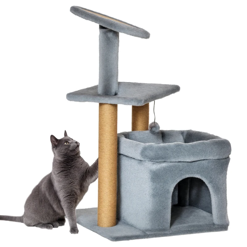 PawHut Tiragraffi per Gatti con Pali in Juta, Casetta e Cuscino, Rivestimento Peluche, Altezza 84cm, Grigio