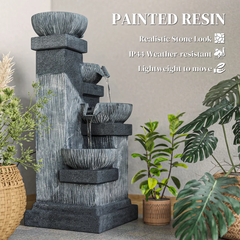 Outsunny 85 cm Outdoor Fontein, 4-Verdiepingen Sierfontein, Kunstmatige Waterval met LED-verlichting en Pomp, Grijs