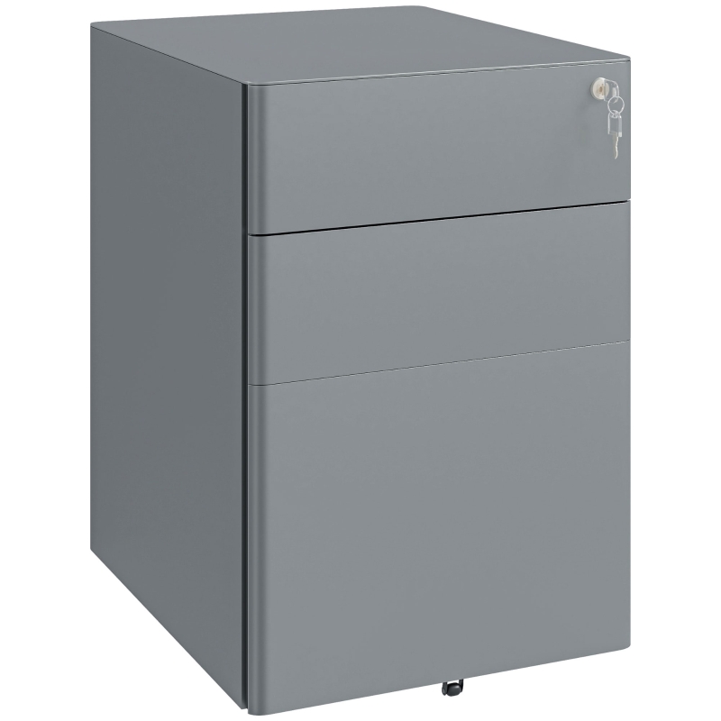 Vinsetto Cassettiera da Ufficio 3 Cassetti in Acciaio con Serratura e Rotelle, 39x48x59cm, Grigio