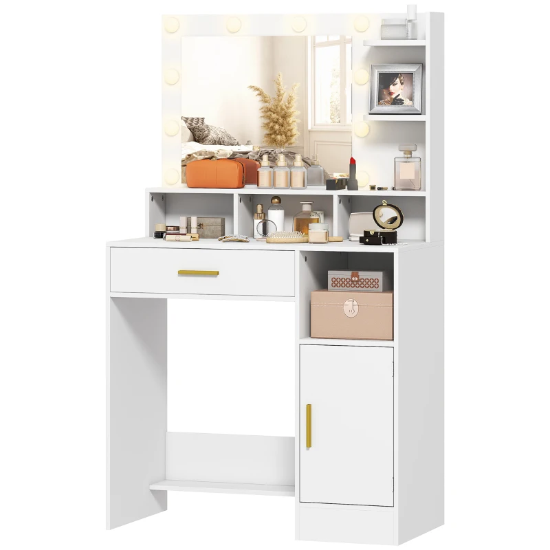 HOMCOM Coiffeuse avec miroir et 10 lumières LED, luminosité réglable, tiroir, placard et étagères ouvertes, 80x40x135cm, blanc