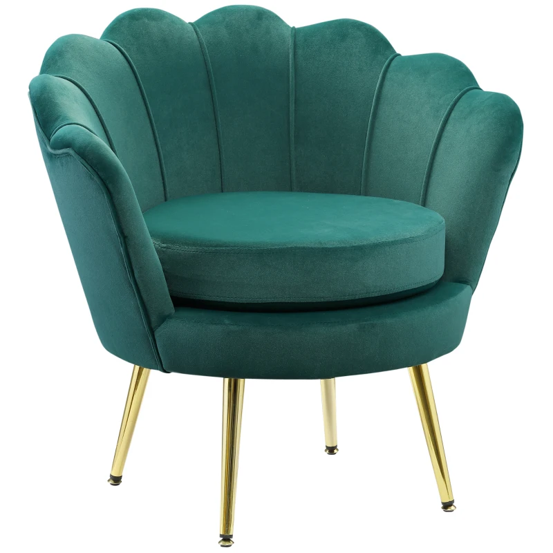 HOMCOM Fauteuil salon fauteuil en velours fauteuil coquillage avec pieds en métal doré pour chambre à coucher, vert foncé