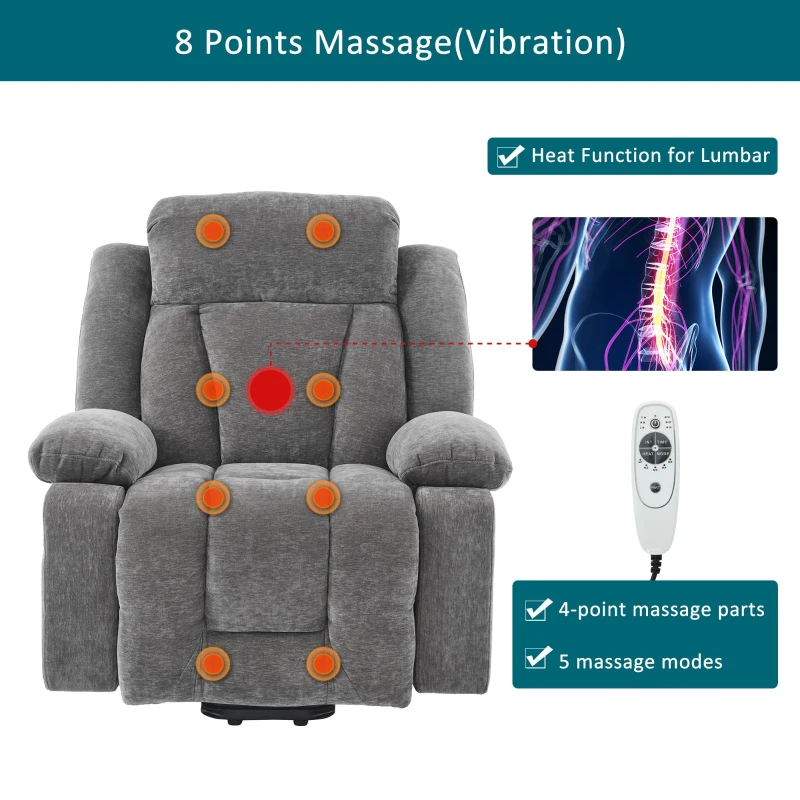 Electric Power Lift Recliner Chair with Massage and Heat, USB Ports and Storage Pocket, Easy Assembly and Support, 95L x 94W x 107H cm, Grey