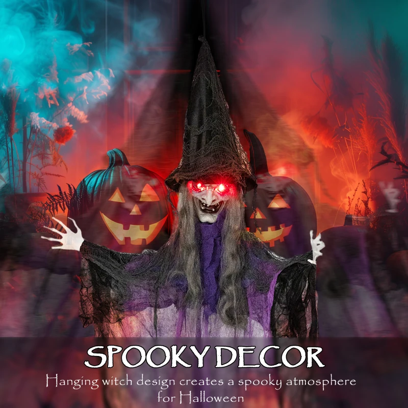 Outsunny 183 cm Life Size Halloween Animated Hanging Witch with Glowing LED Eyes, Spooky Witch Scary Halloween Decorations, Battery Operated, Indoor Party Props