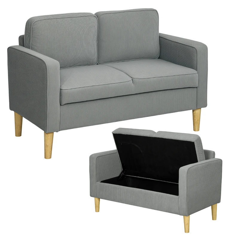 HOMCOM Tweezitsbank met opbergruimte en stevige houten poten, voor woonkamer, slaapkamer, 117 x 63 x 79 cm, Lichtgrijs