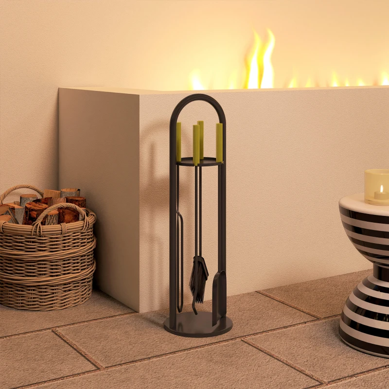 Outsunny Set Utensili per Camino di 5 Pezzi in Metallo con Scopa Paletta Pinze Attizzatoio e Supporto 20x20x71 cm Dorato