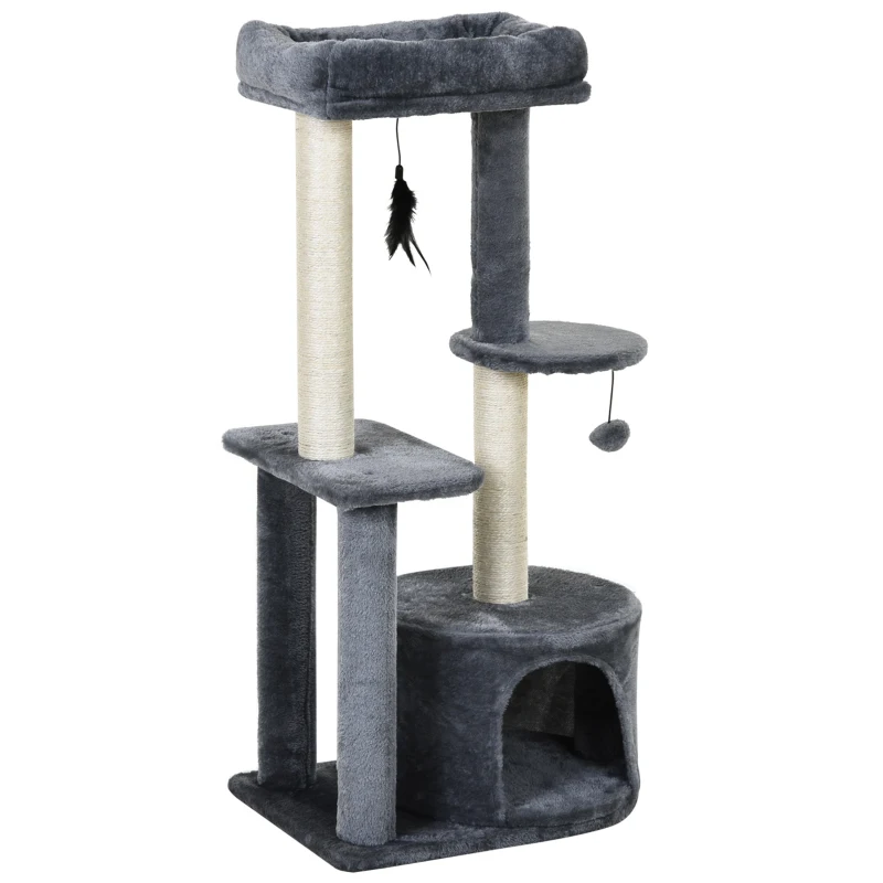 PawHut Rascador para Gatos con Postes de Sisal y Felpa Suave con Cama Cueva Plataformas Bola y Pluma 48x35x100 cm Gris y Beige