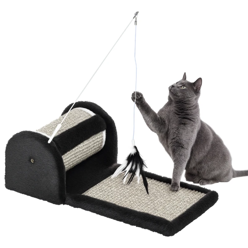 PawHut Rascador para Gatos con Rodillo Tablero para Rascar Cubiertos de Sisal Natural y Juguete Colgante Centro de Actividades para Mascotas 44x24x16 cm Gris