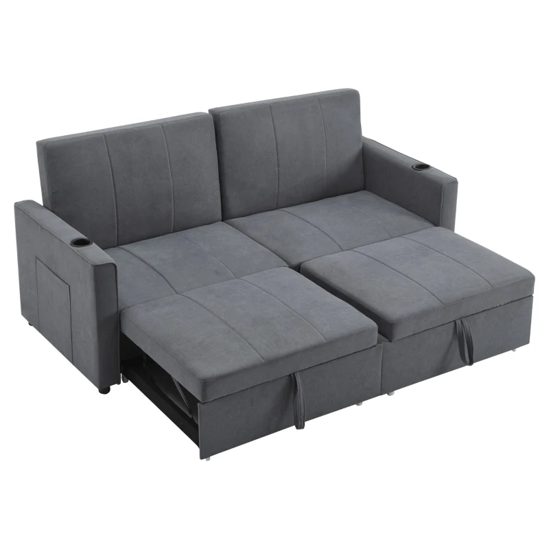 Convertible Fabric Sofa Chair with Cup Holders and Side Pockets, King Size Independent Pull Out Sofa Bed, 207L x 87W x 96H cm, Gray