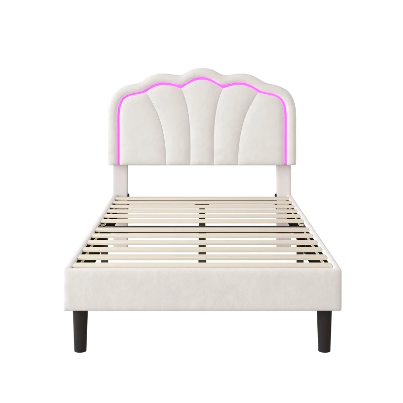 Single Upholstered Bed Frame with Adjustable Shell Headboard and RGB LED, Velvet Fabric and Solid Wood Slat, 194L x 94W x 111H cm, White