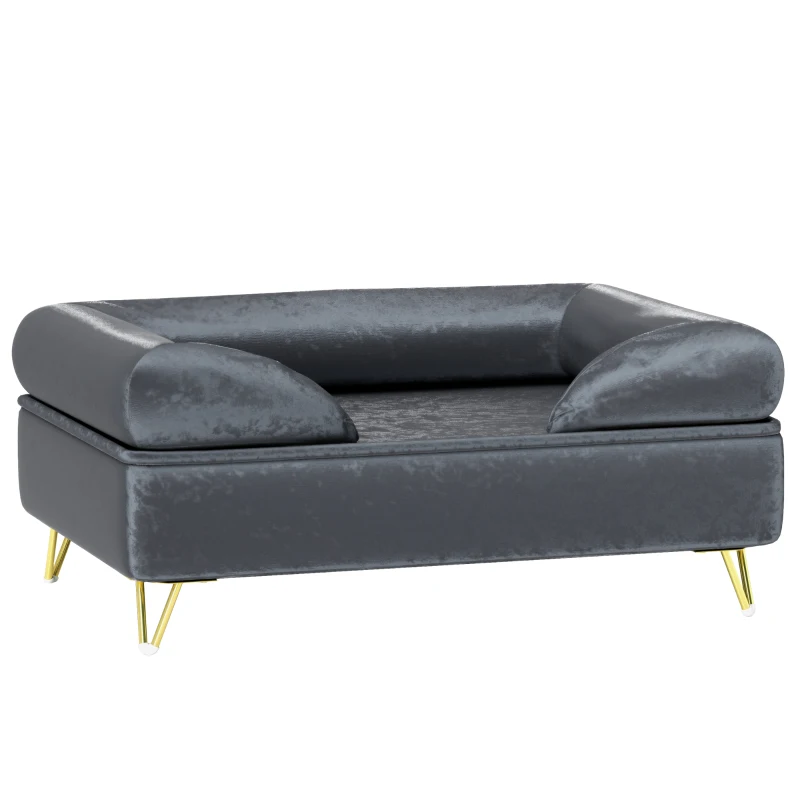 PawHut Canapé pour chien pieds en métal revêtement en velours néerlandais housse de coussin lavable 76 x 53,5 x 34 cm gris