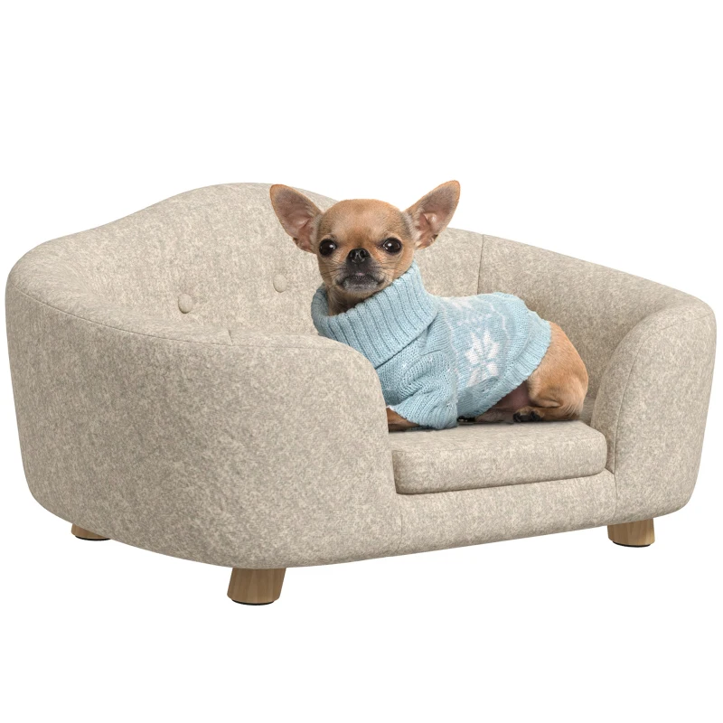 PawHut hondenbank hondenmat hondenmand hondenbank hondenbank kattenbank met kussen achterzak pluche schuim grenen hout beige + lichtgrijs 70 x 47 x 30 cm