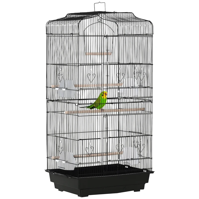 PawHut Gabbia per Uccelli in Metallo e Plastica con Trespoli, Altalena e Ciotole, 46.5x35.5x92 cm, Nero