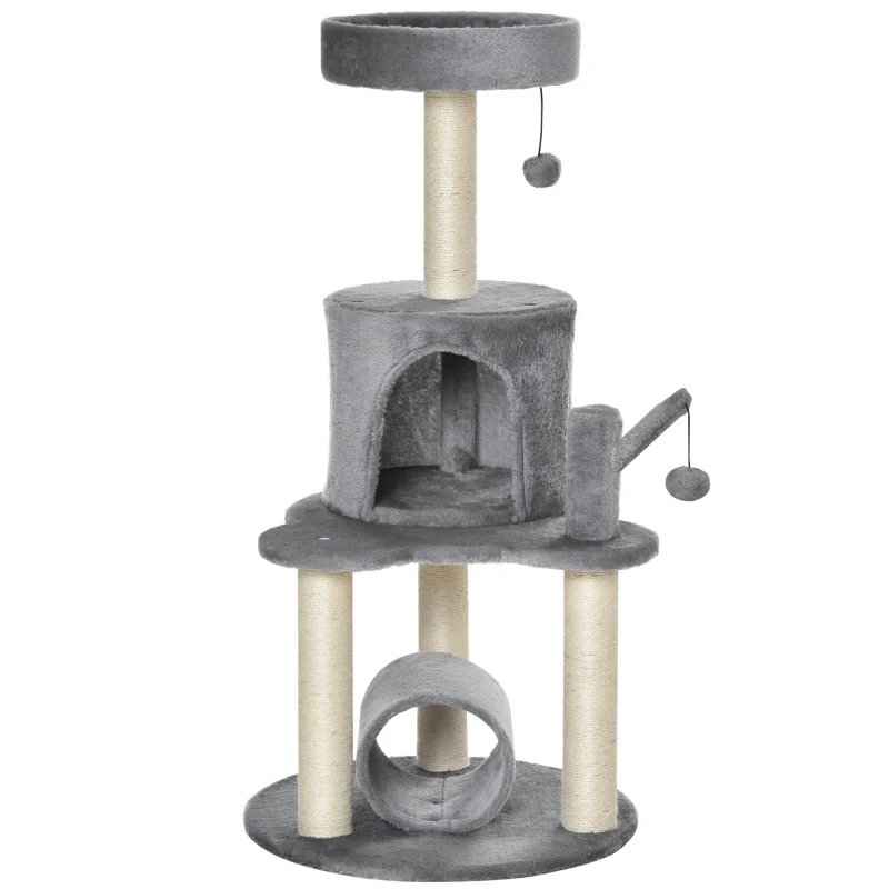 PawHut Cat Tree Tower for Indoor Cats Climbing Activity Center Kitten Furniture with Jute Scratching Post Bed Tunnel Perch Hanging Balls Grey