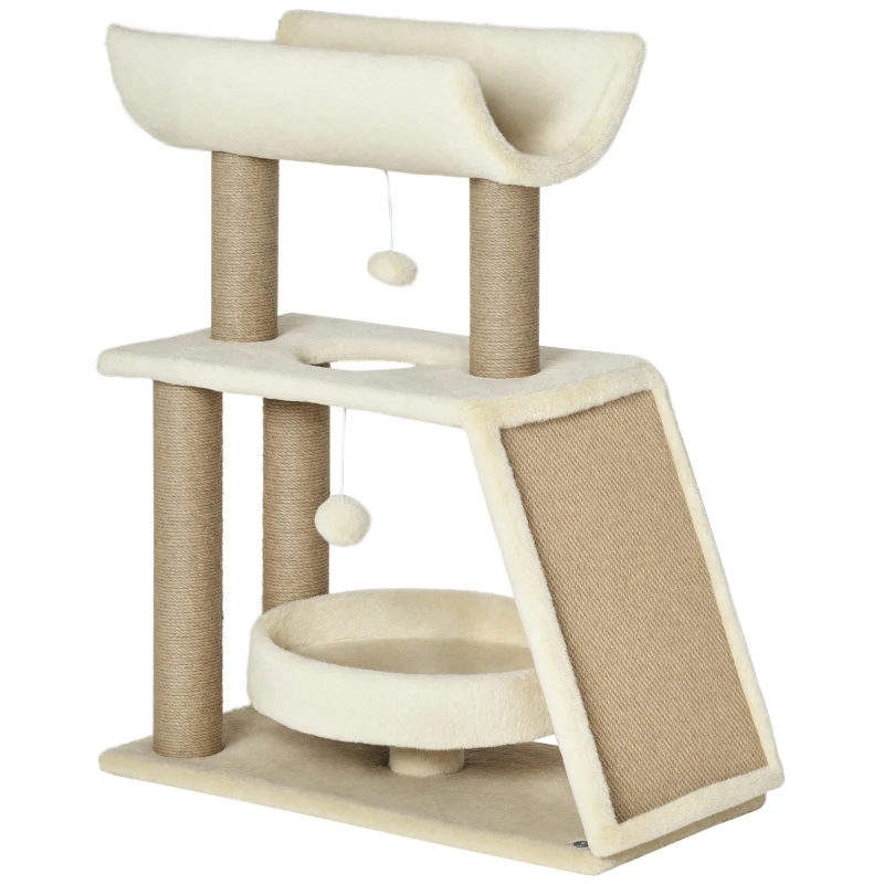 PawHut Arbre à chats design cosy chic multi-équipements centre d'activités griffoirs grattoir plateformes lit jeu boule suspendue en bois et peluche courte sisal 60 x 30 x 76 cm brun clair