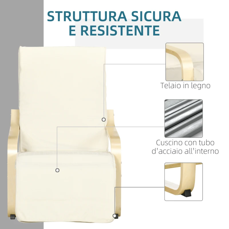 HOMCOM Poltrona Relax con Poggiapiedi a 5 Livelli e Poggiatesta, Legno di Betulla e Tessuto, 66,5x94x100 cm, Crema
