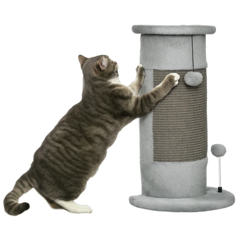 PawHut Griffoir pour chats, 58 cm poteau griffoir chat coussin en sisal naturel boule suspendu et boule à ressort gris