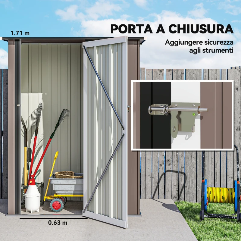 Outsunny Casetta da Giardino in Acciaio con Porta con Chiavistello, 143x89x186cm, Marrone