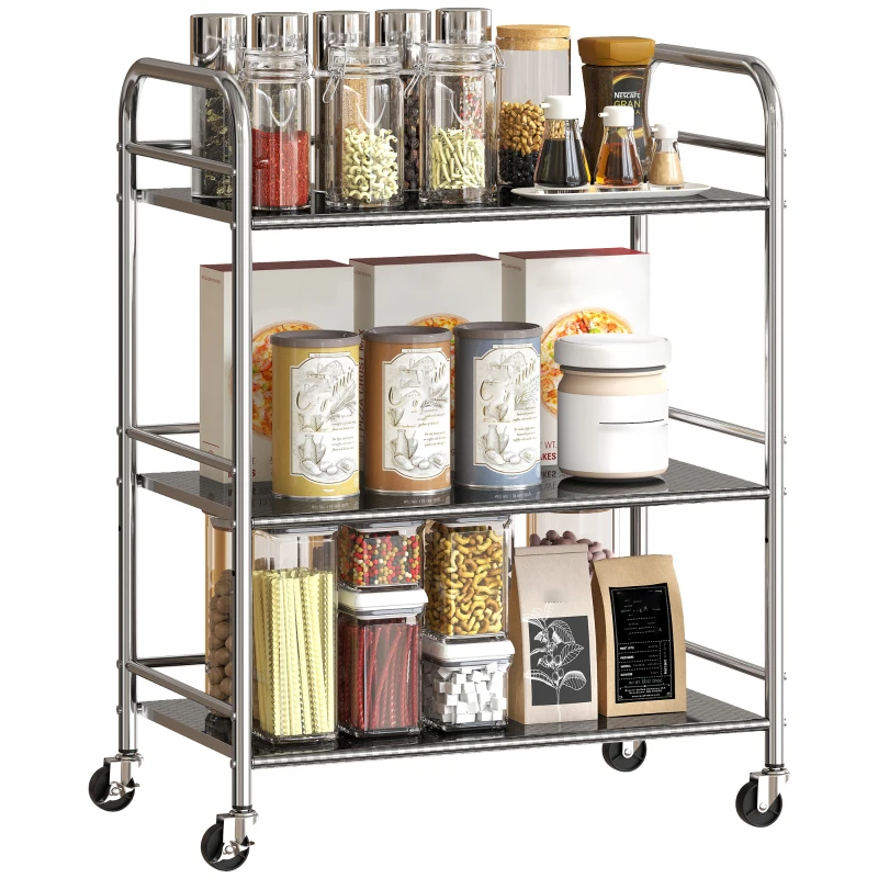 HOMCOM Carrello Multiuso a 4 Livelli con Ripiano Centrale Regolabile e Bordi Rialzati, in Acciaio Inox, 60x35x77 cm