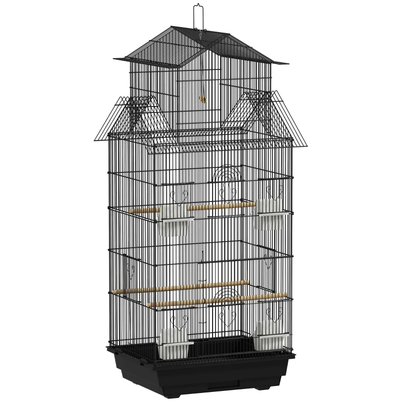 PawHut Cage à oiseaux volière avec balançoire poignée portable 4 mangeoires 3 perchoirs 50,5 x 41 x 104 cm en acier noir