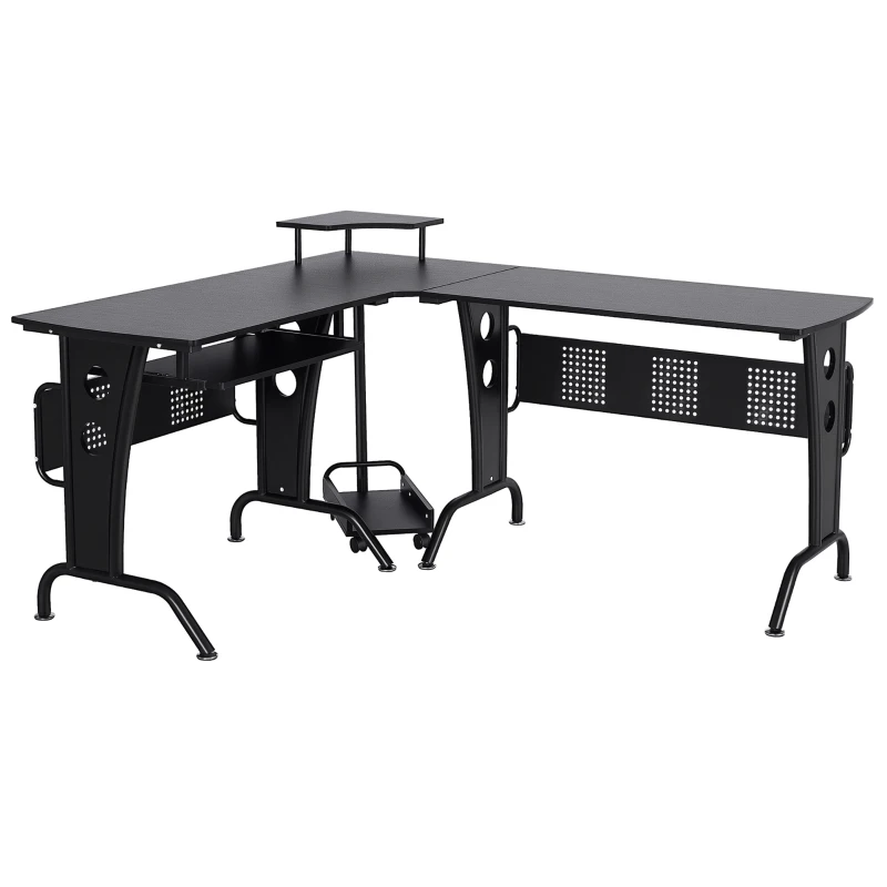 HOMCOM Scrivania Gaming per Casa o Ufficio, Angolare e Salvaspazio con Ripiano Tastiera Estraibile, 165x145x86.5cm, Nera