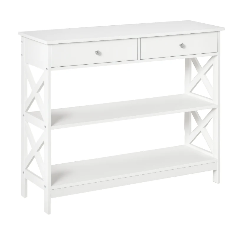 HOMCOM Console Table Side Desk w/ Shelves Drawers Open Top X Support Frame Living Room Hallway Home Office Furniture White