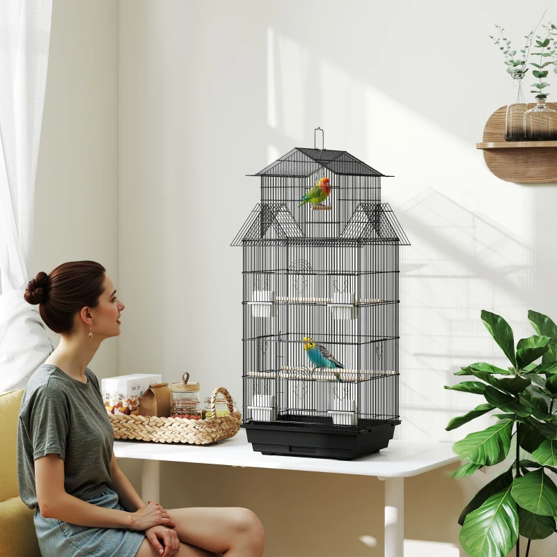 PawHut Cage à oiseaux volière avec balançoire poignée portable 4 mangeoires 3 perchoirs 50,5 x 41 x 104 cm en acier noir