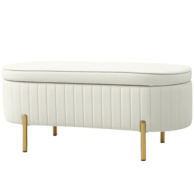 HOMCOM Banc de rangement, bout de lit en velours avec couvercle, pieds en métal, capacité 72 L, 108x44x43,5cm, crème