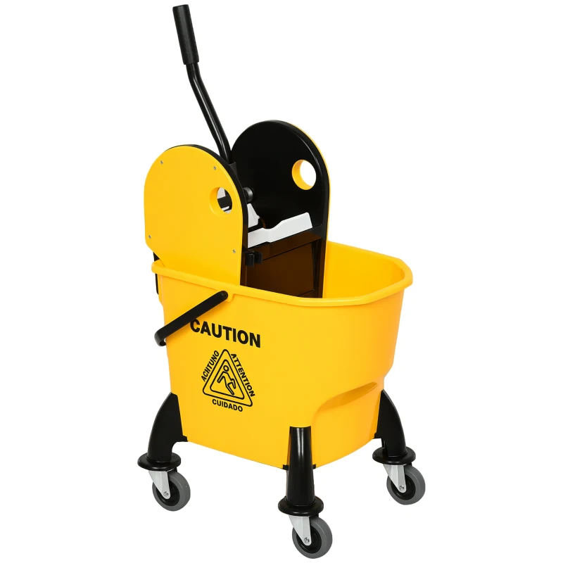 HOMCOM Reinigungswagen Fahreimer Putzeimer Wischwagen mit Auswringvorrichtung 26 Liter, Gelb, 44 x 36 x 90 cm