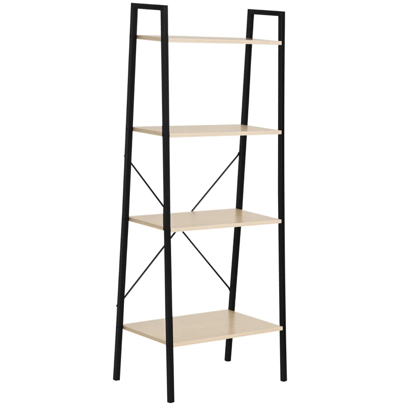 HOMCOM 4-Tier Vintage Ladder Shelf Bookcase Wood Storage Rack Stand Plants Display Black natural